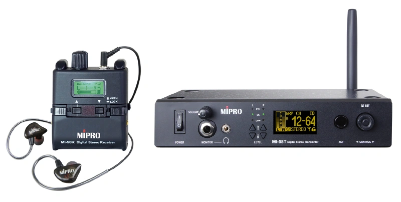 The MI-58R beltpack receiver and the MI-58T or MI-58TD transmitter make up the MIPRO MI-58, a stereo digital in-ear wireless monitor system. Why are there two distinct transmitters? Audinate Dante audio networks are interfaced with via the "TD" version.